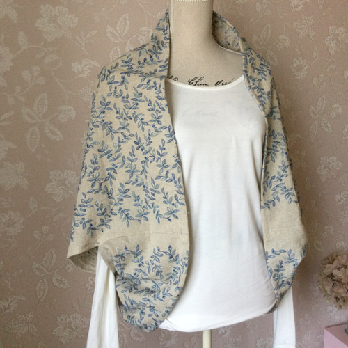 コットリネンシワ加工羽織 金沢刺繍 ブルー カーディガン fine work