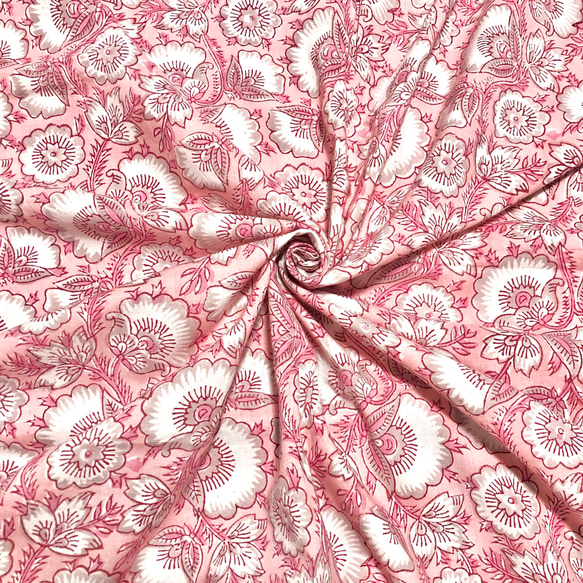 【50cm單位】粉紅色白色灰色花朵印度手工塊印花布料棉質 第1張的照片