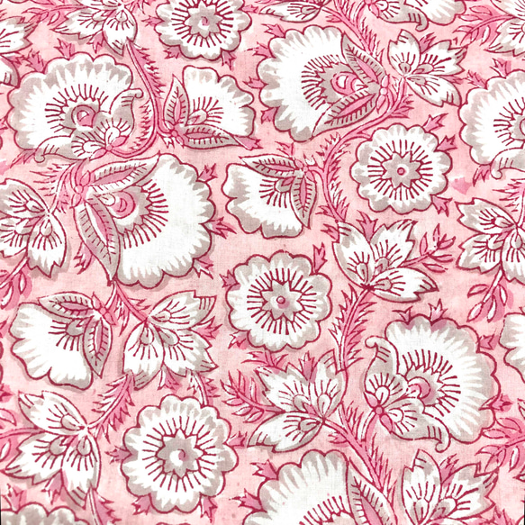 【50cm單位】粉紅色白色灰色花朵印度手工塊印花布料棉質 第2張的照片