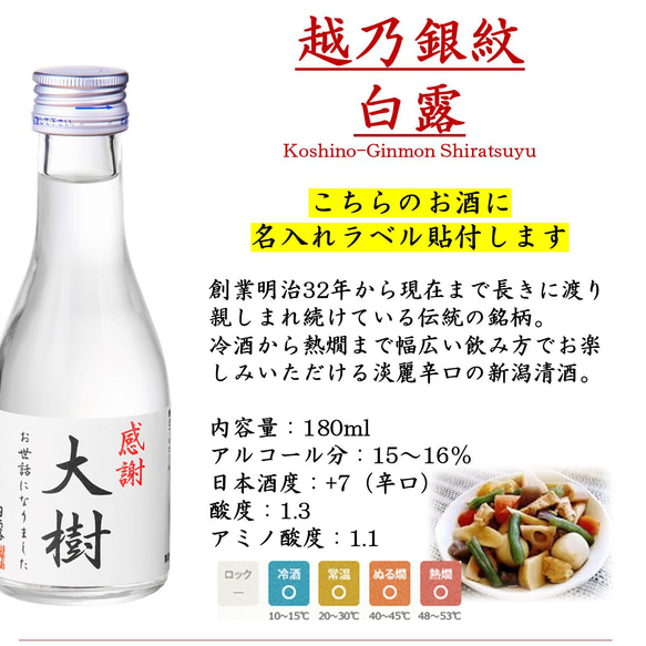 名入れ オリジナルラベル 日本酒 普通酒 180ml 一合瓶 小瓶 辛口 お酒 新潟 高野酒造 7枚目の画像