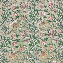 【50cm單位】暗綠色黃色粉紅色花朵印度手工塊印花布料棉質 第3張的照片