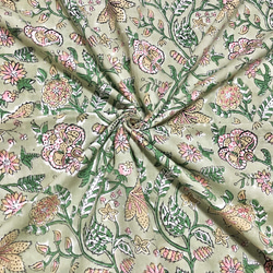 【50cm單位】暗綠色黃色粉紅色花朵印度手工塊印花布料棉質 第1張的照片