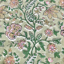 【50cm單位】暗綠色黃色粉紅色花朵印度手工塊印花布料棉質 第2張的照片