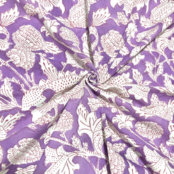 【50cm単位】ラベンダーホワイトフラワー　インド　ハンドブロックプリント生地  コットン 1枚目の画像