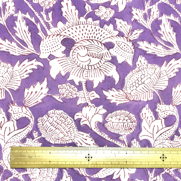 【50cm単位】ラベンダーホワイトフラワー　インド　ハンドブロックプリント生地  コットン 6枚目の画像