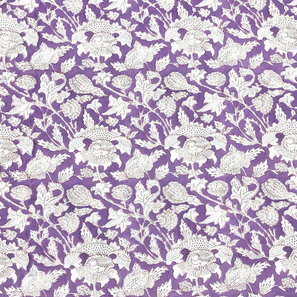 【50cm単位】ラベンダーホワイトフラワー　インド　ハンドブロックプリント生地  コットン 4枚目の画像