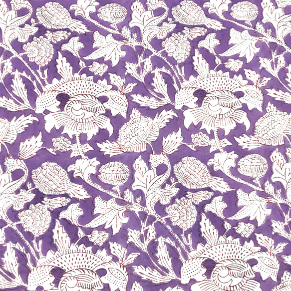 【50cm単位】ラベンダーホワイトフラワー　インド　ハンドブロックプリント生地  コットン 3枚目の画像