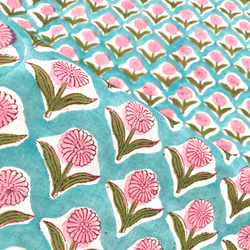 【50cm單位】水藍色粉紅小花印度手工塊印花布料棉質 第5張的照片