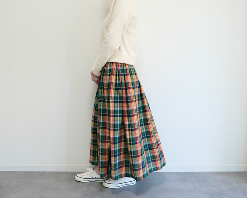 Plantation コットン リネン ブロックチェック ジャガード スカート 30695f9118b2fa9a942cbc95e515c9
