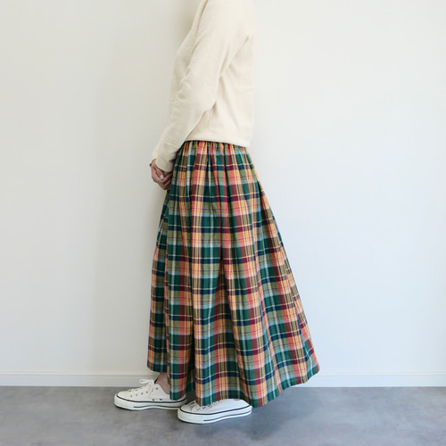 上質コットンリネンタータンチェックスカート オレンジグリーン ロング