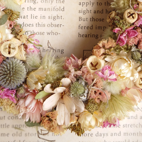 紫陽花と瑠璃玉あざみリース ルリタマアザミとエリンジュームと