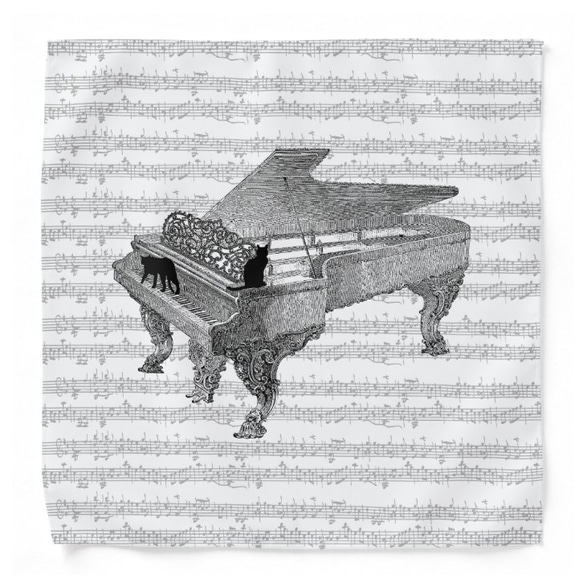 ピアノと黒猫のタオルハンカチ 1枚目の画像