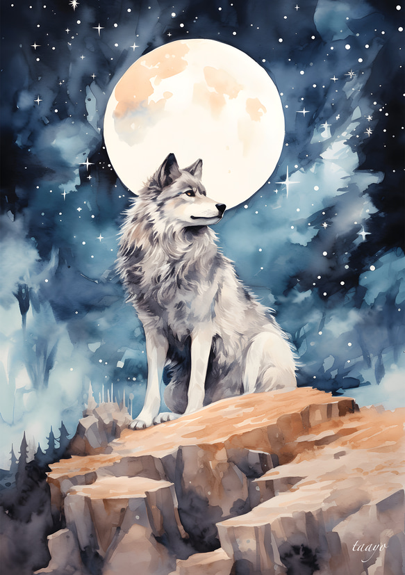 満月のおおかみ　A4ポスター｜水彩画・おしゃれ・シンプル・アート・メルヘン・狼・オオカミ・満月・夜空・自然 3枚目の画像