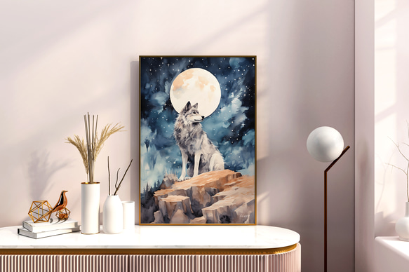 満月のおおかみ　A4ポスター｜水彩画・おしゃれ・シンプル・アート・メルヘン・狼・オオカミ・満月・夜空・自然 1枚目の画像