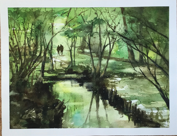 Amazon.co.jp: 282新緑の上野公園 水彩画 原画 透明水彩画 F4