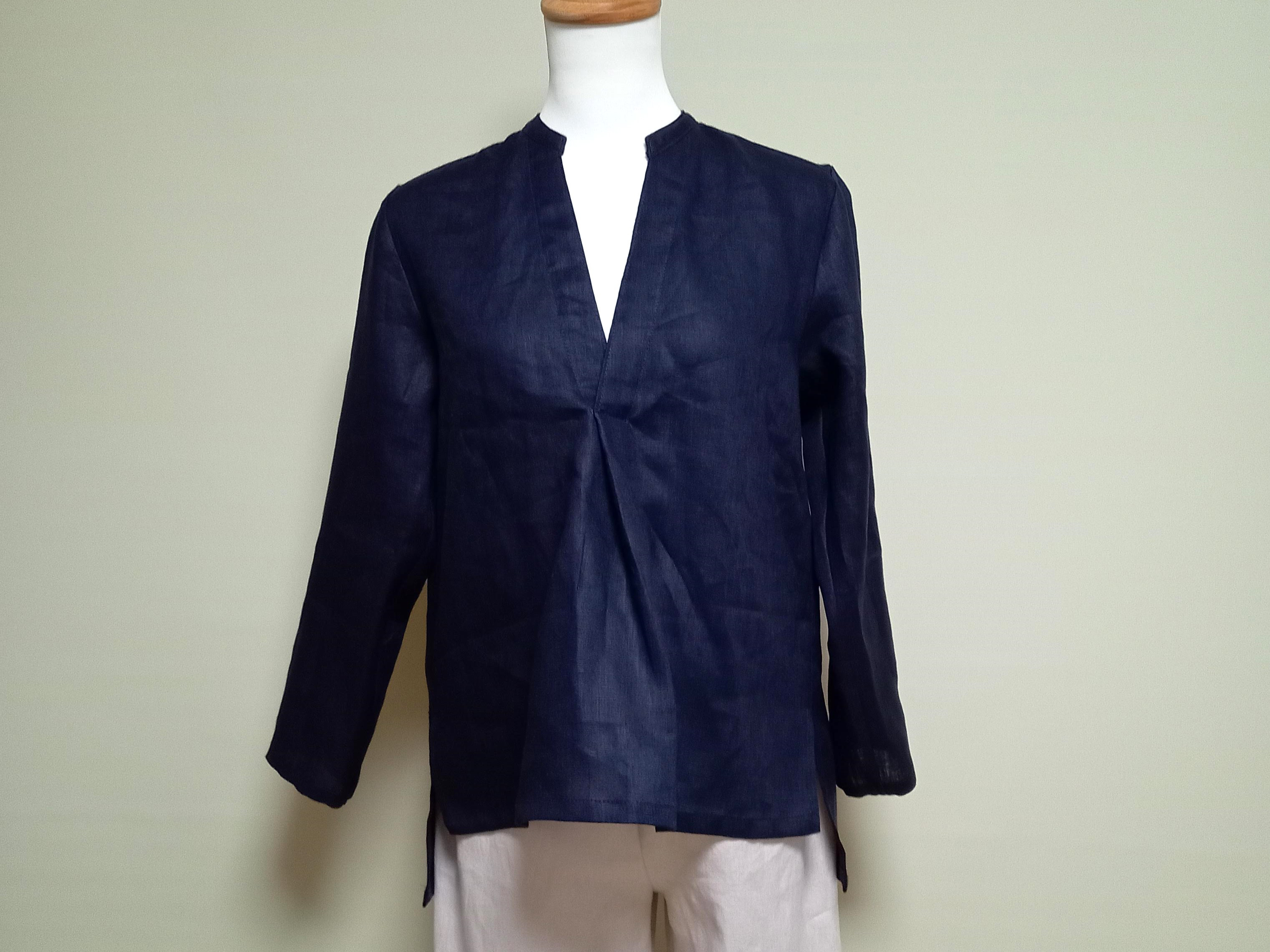 リネン◆スキッパーブラウス◆ネイビー◆フリーサイズ（リネン100％、中厚）