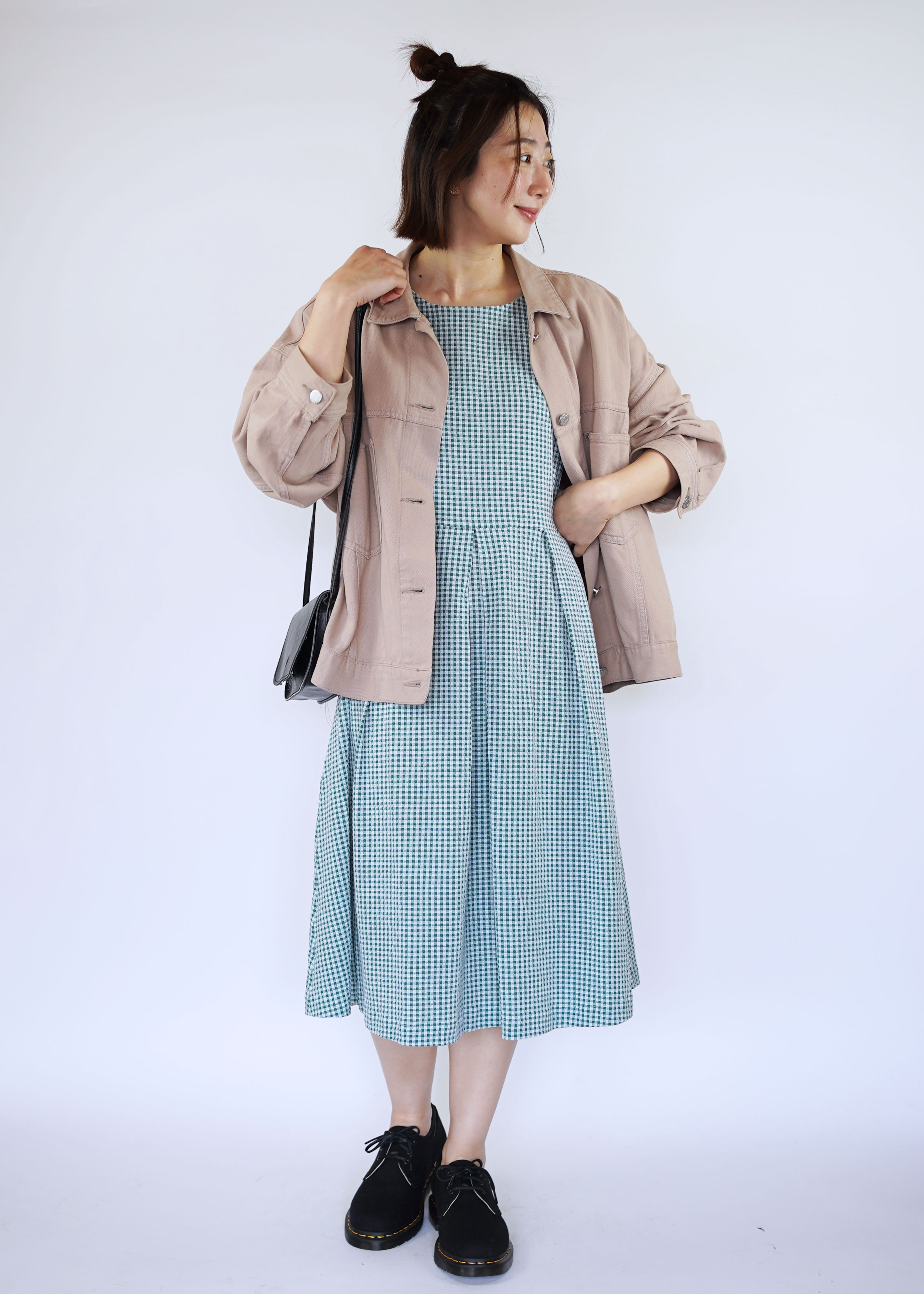 【受注制作】アーミッシュ風シンプルワンピース◇ギンガムチェック・グリーン（サッカー調コットン混）*清涼・ストレッチ素材*