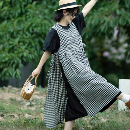 白黒 チェック 綿麻 ポケット付き 丸い襟 袖無し ワンピース