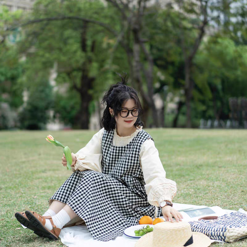 白黒 チェック 綿麻 ポケット付き 丸い襟 袖無し ワンピース