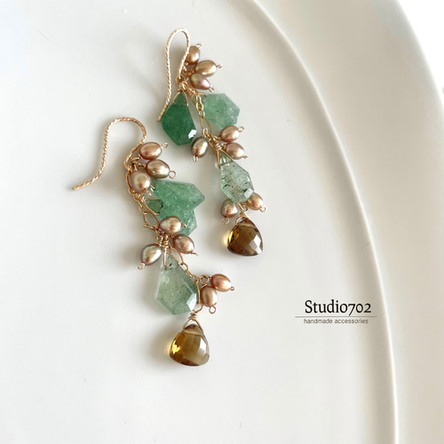 14kgfグリーンストロベリークオーツ・淡水パールとビアクォーツの  