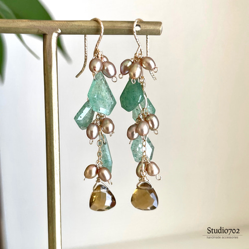 14kgfグリーンストロベリークオーツ・淡水パールとビアクォーツの  