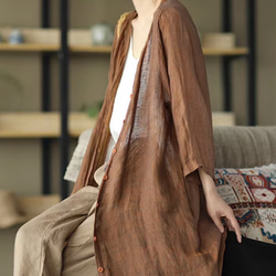 文芸復古の中で長款の綿麻のワイシャツ女性の長袖vネック春秋の薄い外套ですFA 4枚目の画像