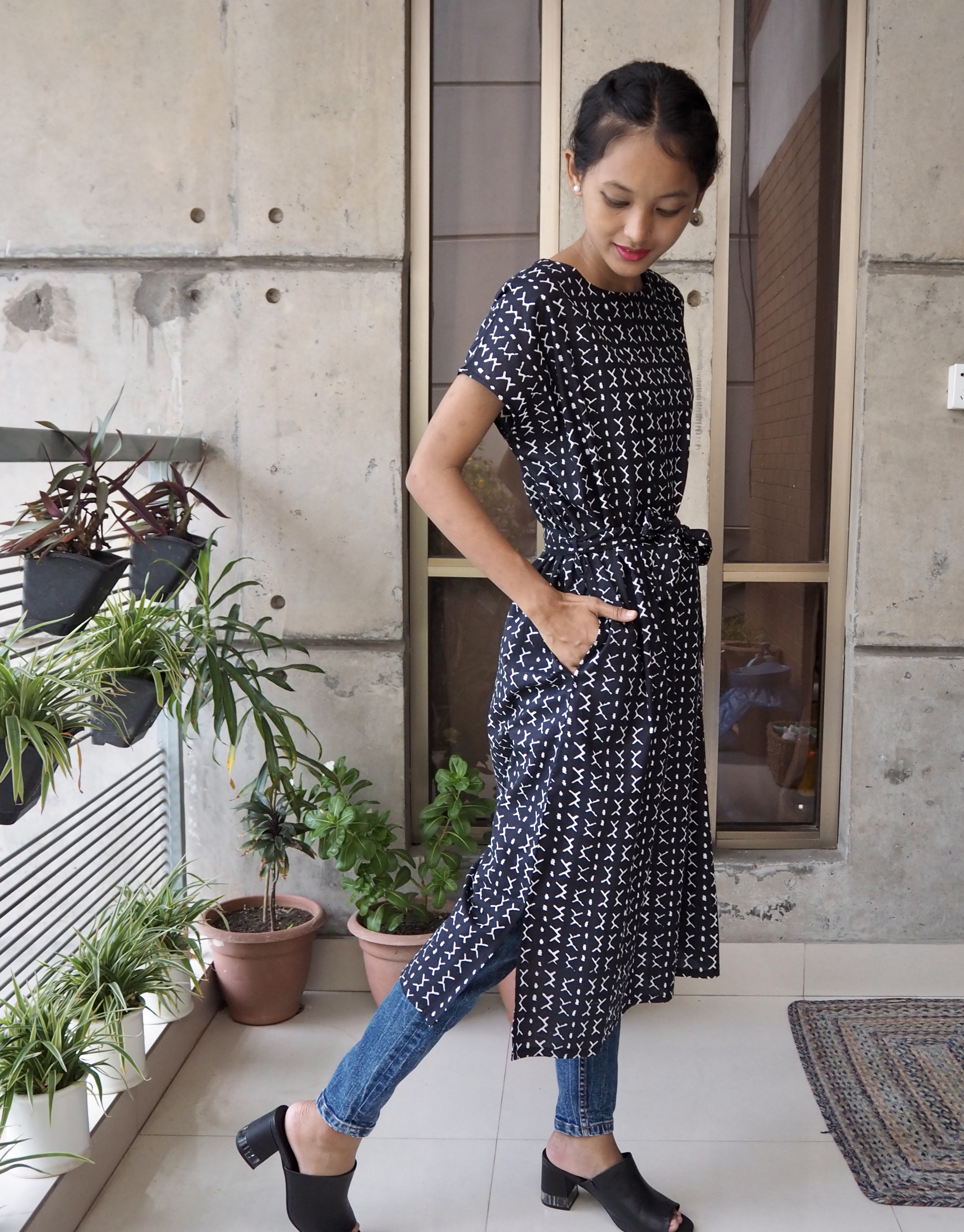 サイドスリット入りリボンワンピース<インド綿>