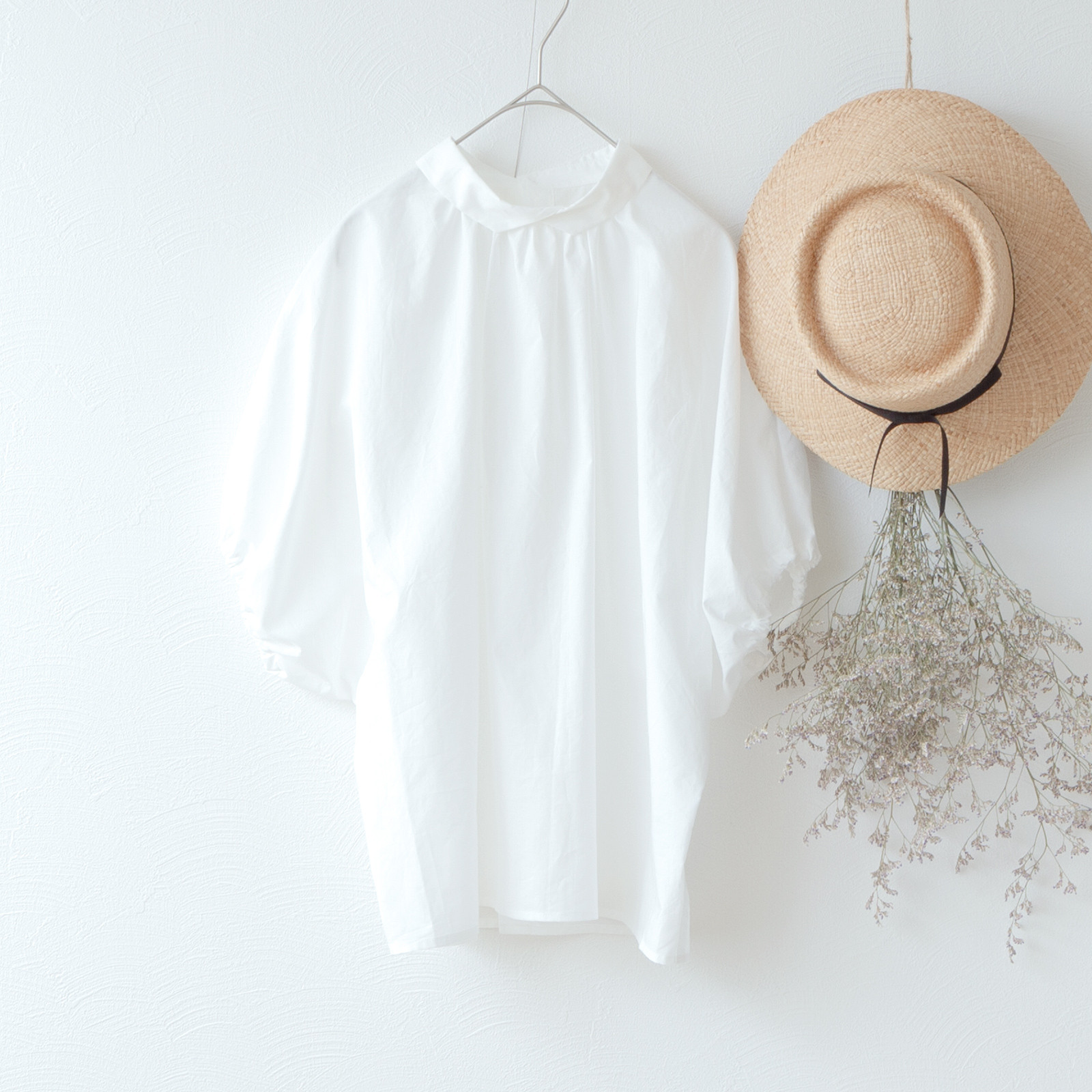 クロス衿ドルマンハーフスリーブコットンブラウス/オフホワイト