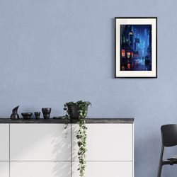 "Pixel Blue City" ピクセルサイバーパンクアートポスター ユニークなインテリア、アート 2枚目の画像