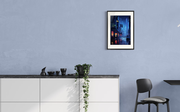 "Pixel Blue City" ピクセルサイバーパンクアートポスター ユニークなインテリア、アート 2枚目の画像