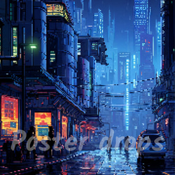 "Pixel Blue City" ピクセルサイバーパンクアートポスター ユニークなインテリア、アート 3枚目の画像