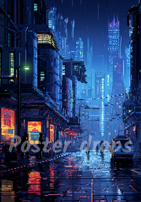 "Pixel Blue City" ピクセルサイバーパンクアートポスター ユニークなインテリア、アート 3枚目の画像