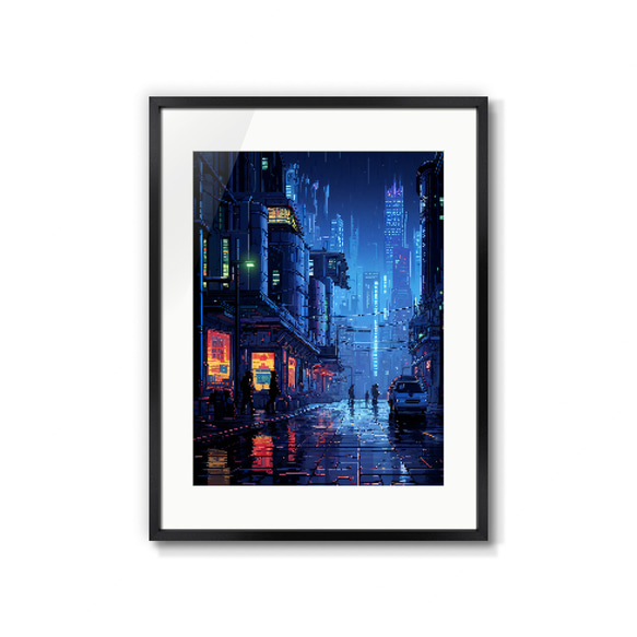 "Pixel Blue City" ピクセルサイバーパンクアートポスター ユニークなインテリア、アート 1枚目の画像