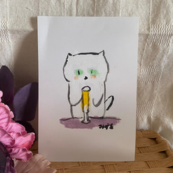 絵画。壁掛け原画【かわいい白猫とティーポット】 絵画 アカザ麦 通販