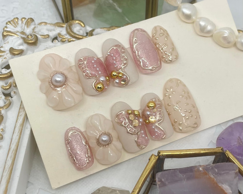 サイズオーダー♡マグネットバタフライ×フラワーネイルチップ ピンク  