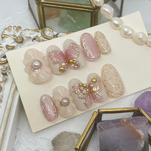 サイズオーダー♡マグネットバタフライ×フラワーネイルチップ ピンク  