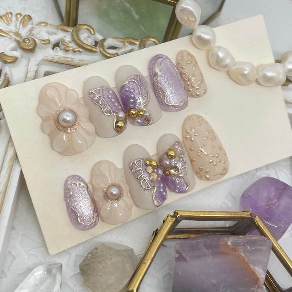 サイズオーダー♡マグネットバタフライ×フラワーネイルチップ パープル  