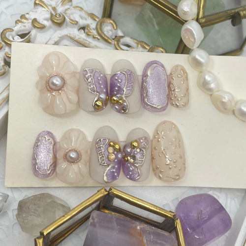 サイズオーダー♡マグネットバタフライ×フラワーネイルチップ パープル  