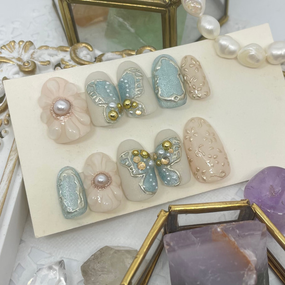 サイズオーダー♡マグネットバタフライ×フラワーネイルチップ ブルー  