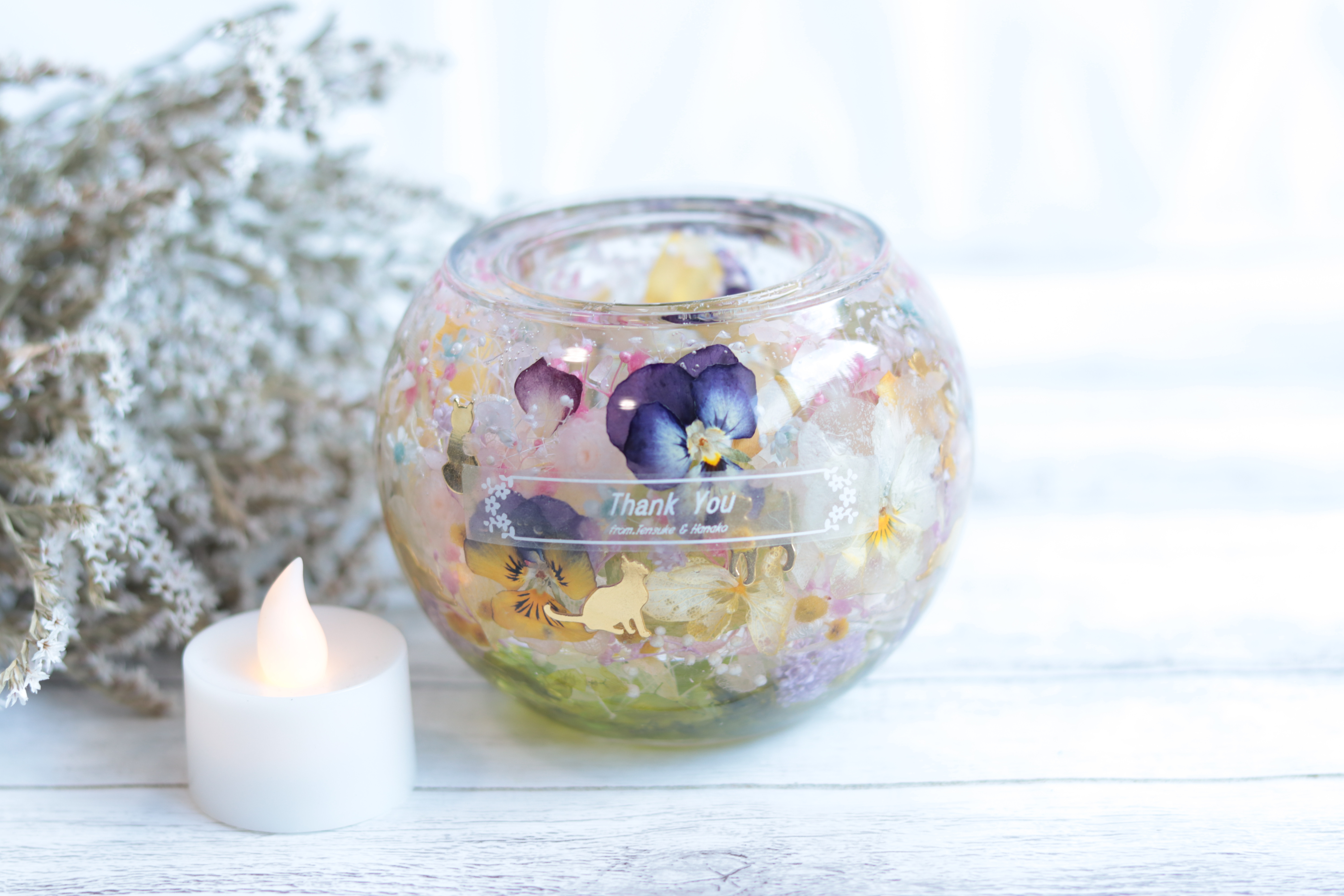 【選べるラベル】猫のお散歩～ローズクォーツ～キャンドルホルダー＊母の日・就職・結婚・誕生日・誕生石