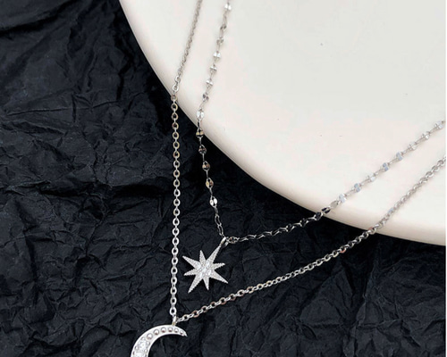 イ・ジュンギ　シルバー ネックレス 星型チャーム付き シルバー925 2連 月 ＆ 星 チャーム ネックレス ネックレス