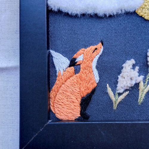 お月見しているキツネ 刺繍 額縁 狐 きつね 十五夜 その他アート