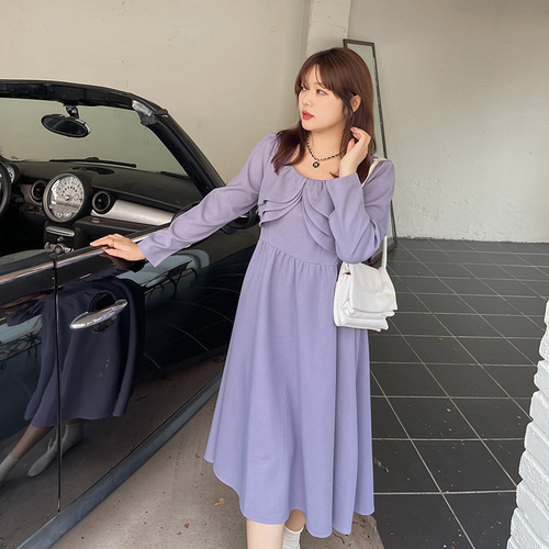 XL~5L ブラック ワンピース 大きいサイズ 秋冬 長袖 紫 波状の端ロング