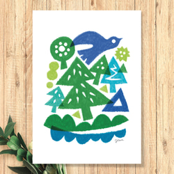 【インテリアポスター】青い森の鳥  カラフルイラスト  アート  デザイン 1枚目の画像