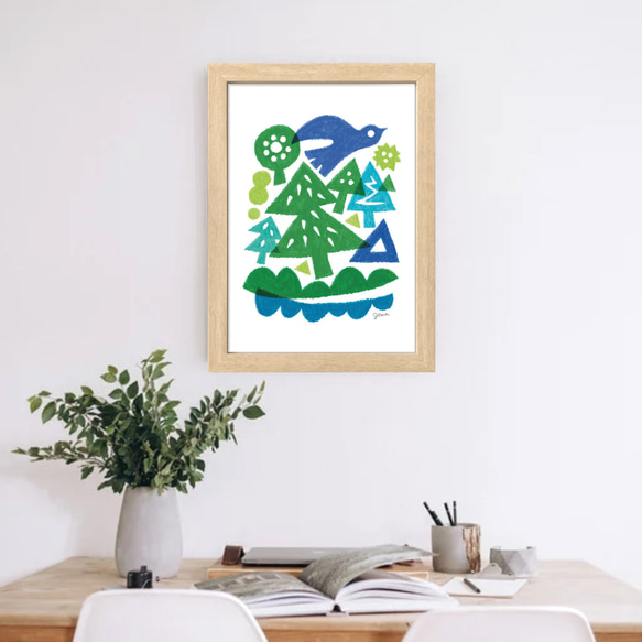 【インテリアポスター】青い森の鳥  カラフルイラスト  アート  デザイン 3枚目の画像