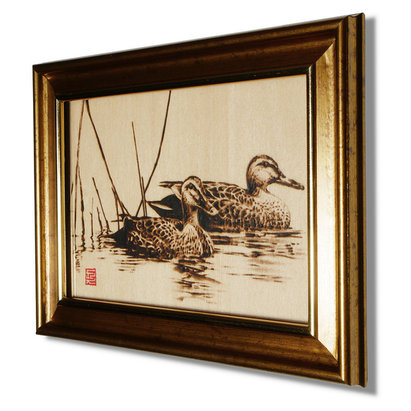 Waterfowls〈s3〉　木材の焦げ色の濃淡で表現した絵画作品 4枚目の画像