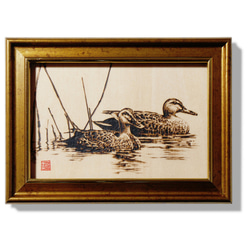Waterfowls〈s3〉　木材の焦げ色の濃淡で表現した絵画作品 3枚目の画像