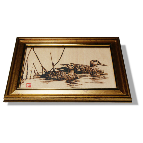 Waterfowls〈s3〉　木材の焦げ色の濃淡で表現した絵画作品 5枚目の画像