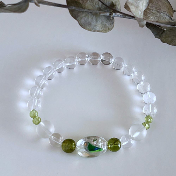 8月誕生石・インコと誕生石ブレスレット・ペリドット・ブラジル産水晶 5枚目の画像