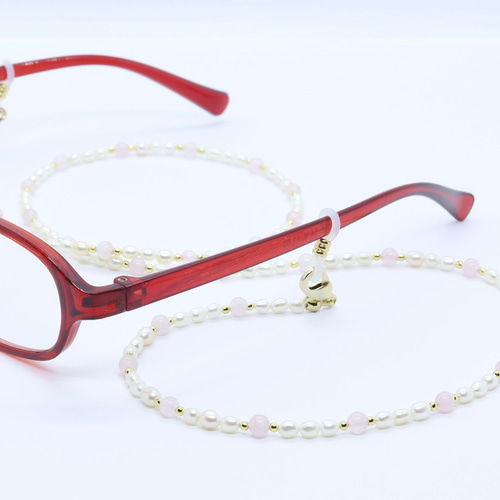 淡水本真珠とローズクォーツのメガネチェーン（マスクチェーン